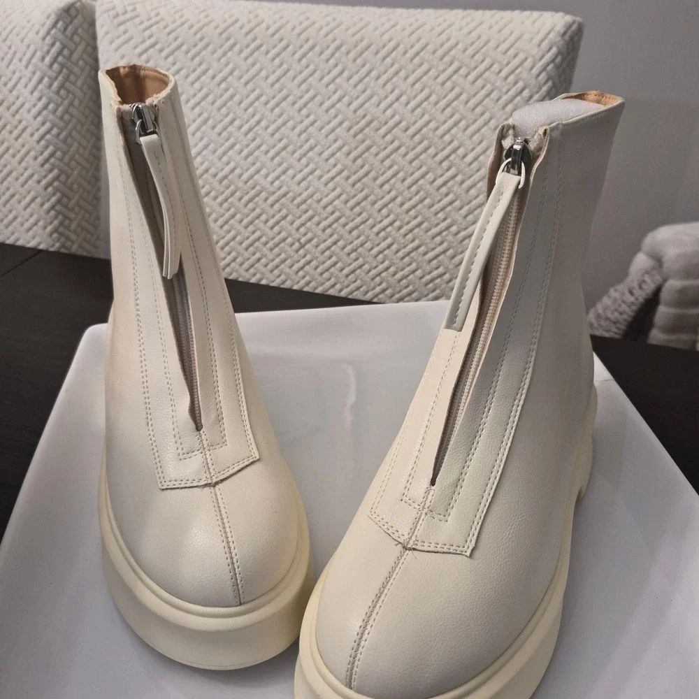 Womens Cream Front Zip Platform Ankle Boots Faux Leather Chunky Sole